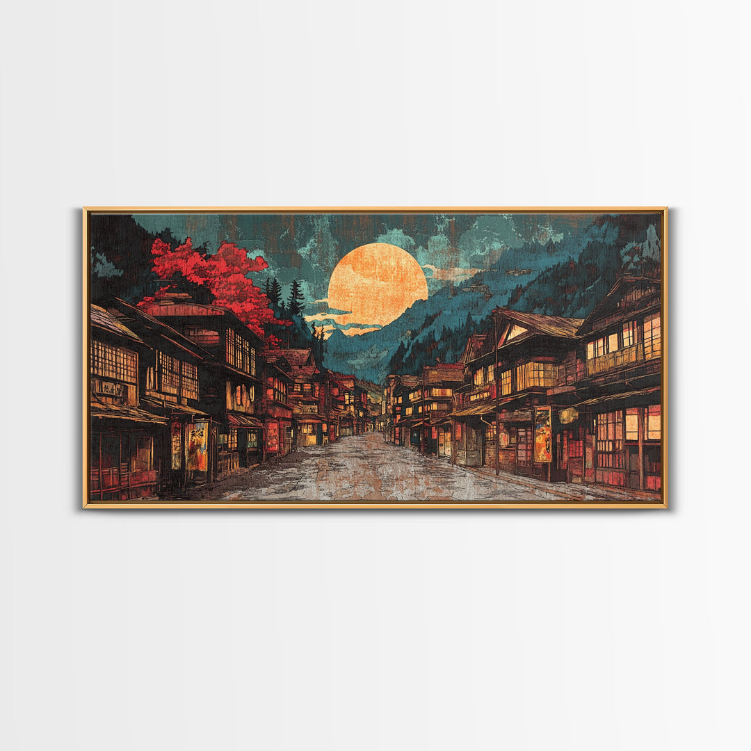 Moonlit Japanese Village Street With Red Maple Trees Framed Canvas Print, Japandi Wall Art, Moody Living Room Wall Decor
