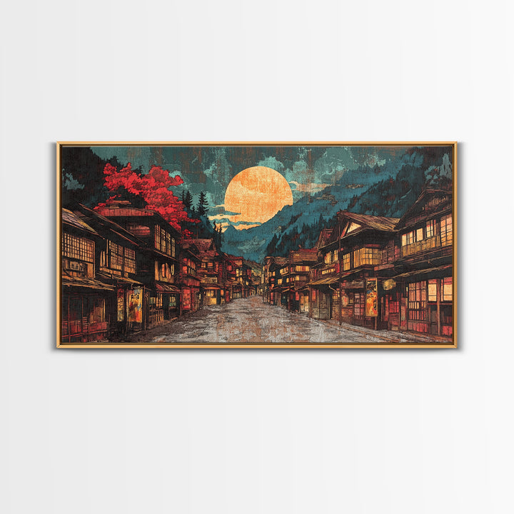 Moonlit Japanese Village Street With Red Maple Trees Framed Canvas Print, Japandi Wall Art, Moody Living Room Wall Decor