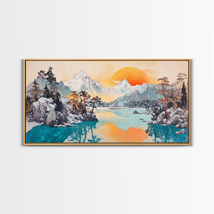 Serene Alpine Lake With Snowy Peaks And Orange Sun Framed Canvas Print, Mountain Wall Art, Japandi Nature Living Room Home Decor