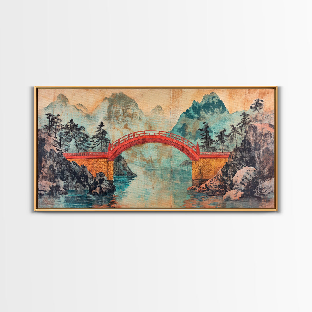 Red Arch Bridge Mountain Lake Canvas Print, Japanese Wall Art, Serene Landscape Art, Zen Home Decor, Living Room Wall Decor