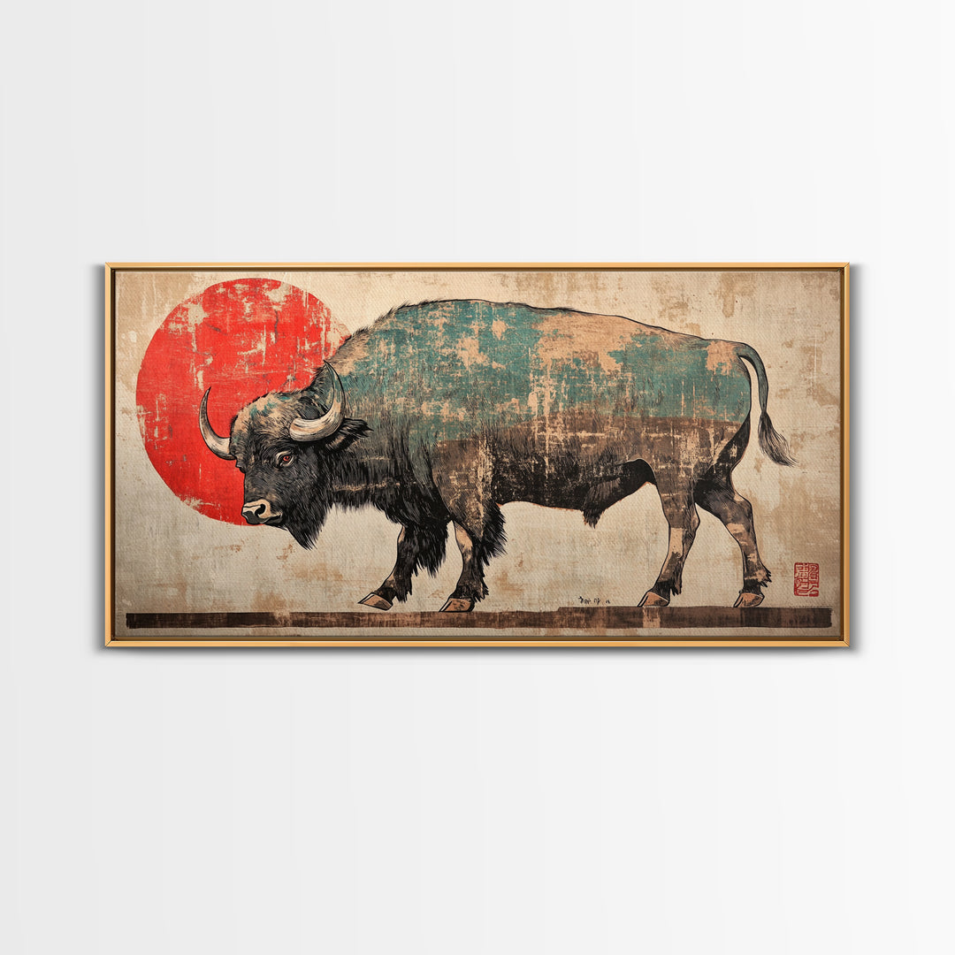 Walking Bison Red Sun Canvas Print, Western Wall Art, Buffalo Art Print, Rustic Home Decor, Masculine Office Wall Decor, Gift For Him