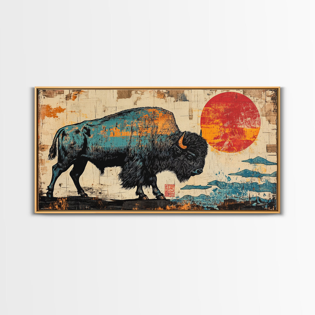 Textured Bison Red Sun Framed Canvas Print, Western Wall Art, Buffalo Wall Decor, Rustic Farmhouse Decor, Gift For Him, Office Decor