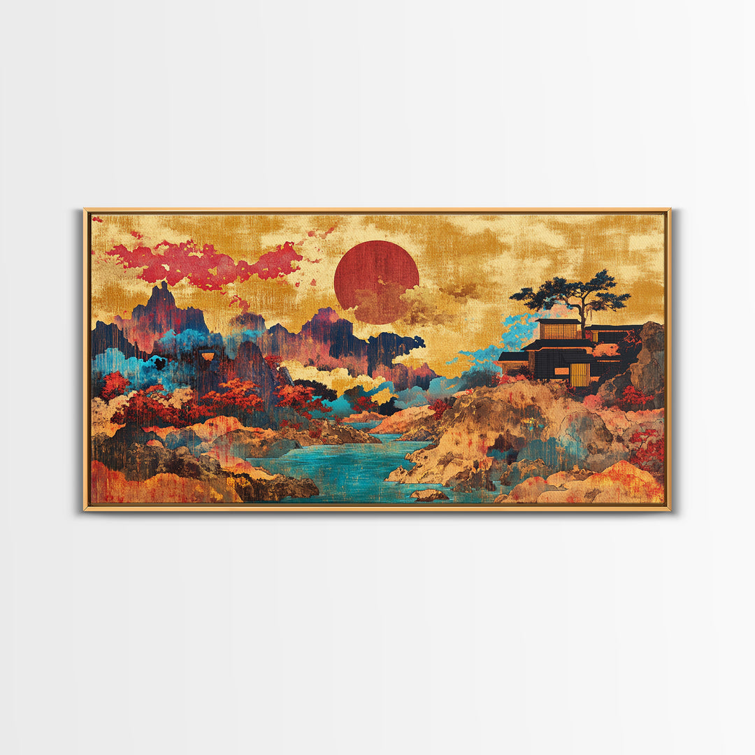 Red Sun Mountain River Wall Art, Japanese Landscape Canvas, Asian Inspired Decor, Panoramic Print, Living Room Decor, Modern Home Decor