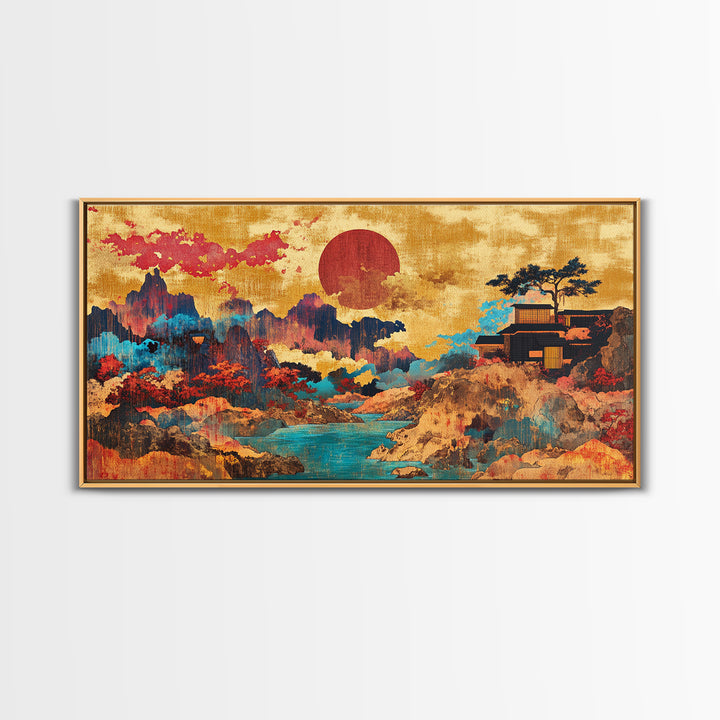 Red Sun Mountain River Wall Art, Japanese Landscape Canvas, Asian Inspired Decor, Panoramic Print, Living Room Decor, Modern Home Decor