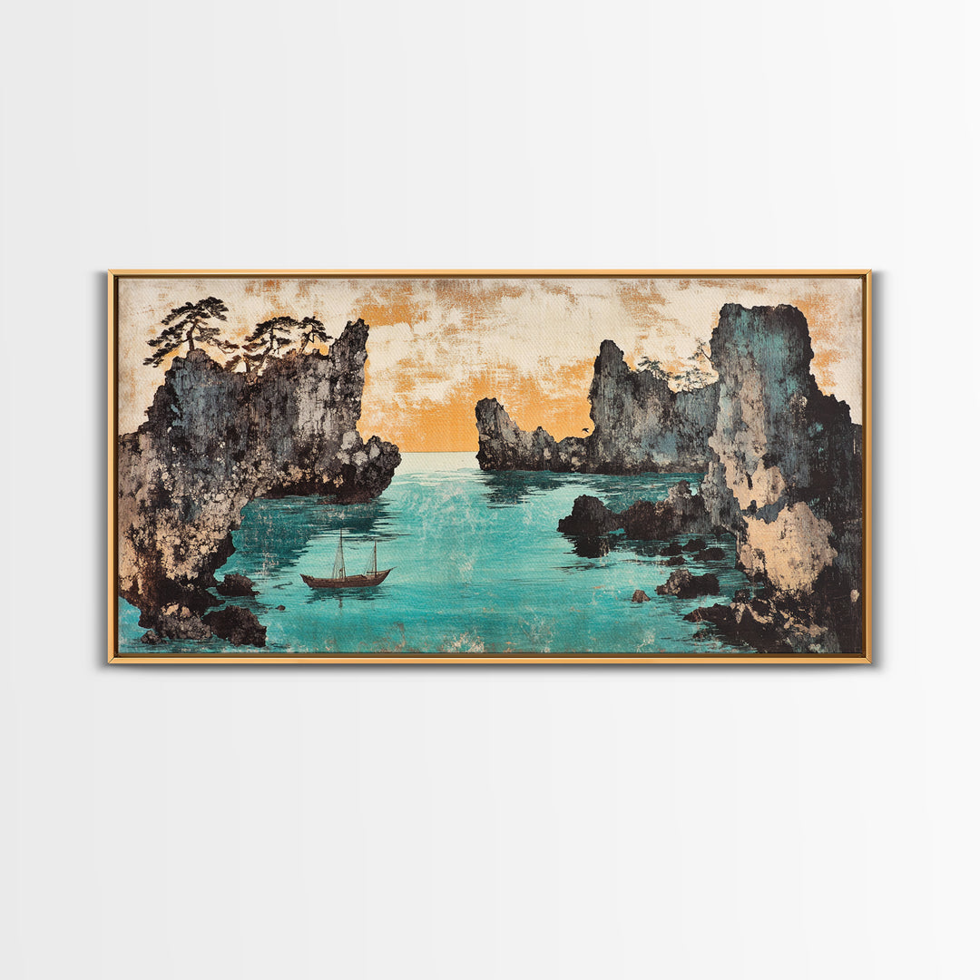 Turquoise Cove And Sailboat Wall Art, Japanese Seascape Print, Coastal Wall Decor, Panoramic Canvas Home Decor, Living Room Decor