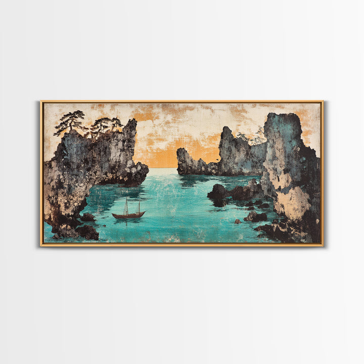 Turquoise Cove And Sailboat Wall Art, Japanese Seascape Print, Coastal Wall Decor, Panoramic Canvas Home Decor, Living Room Decor