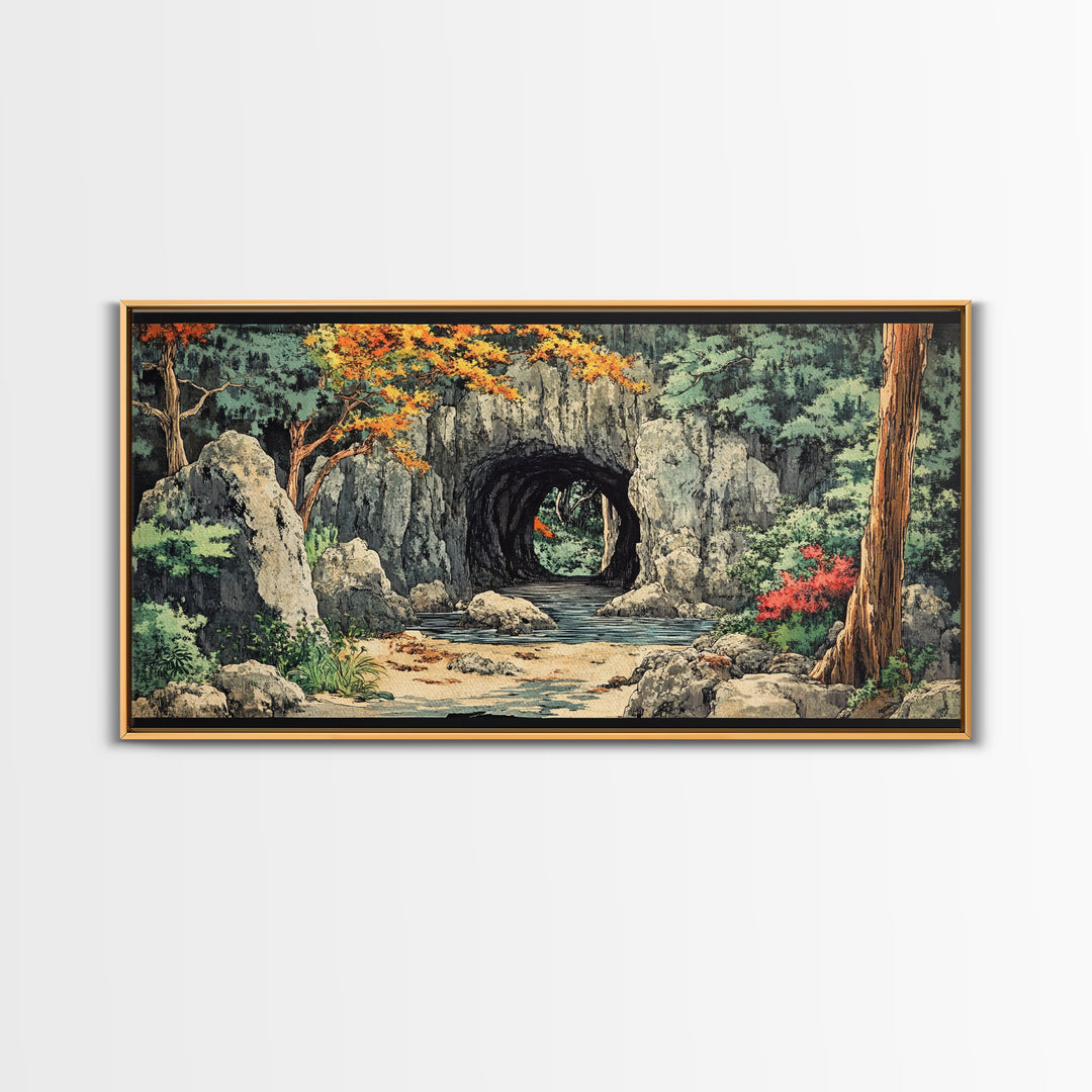 Stone Moon Gate Garden Canvas Print, Japanese Forest Stream Wall Art, Zen Home Decor, Japandi Living Room Wall Decor Art Print