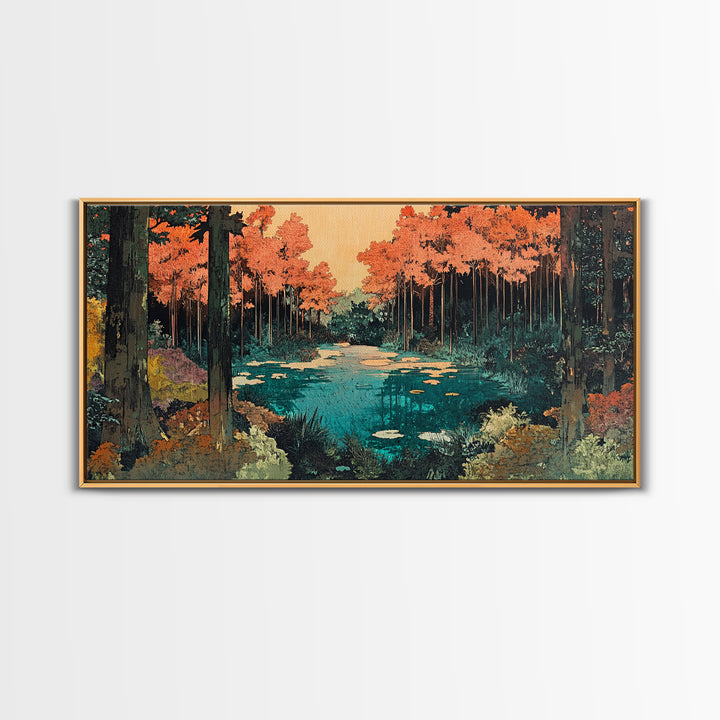 Autumn Forest Pond Canvas Print, Orange Trees And Lily Pads Wall Art, Japandi Nature Decor, Cozy Living Room Decor, Home Decor