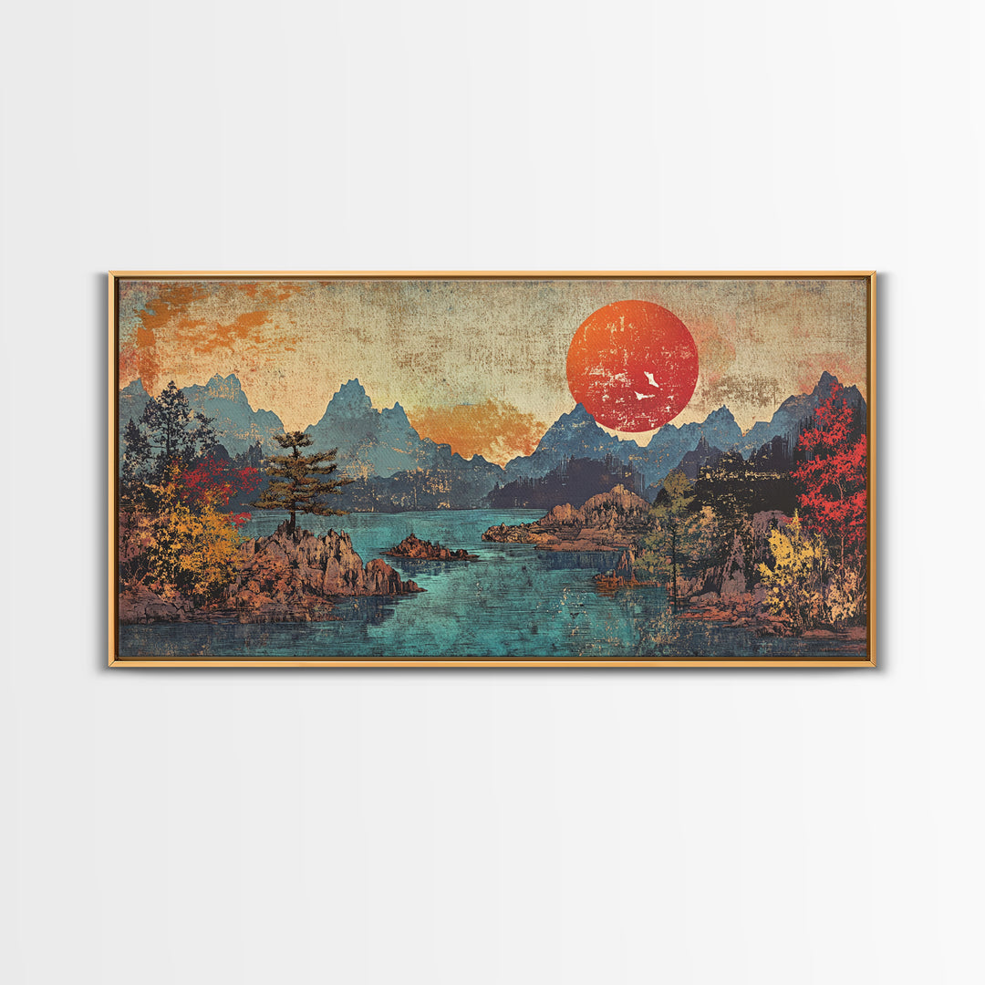 Red Sun Mountain Lake Wall Art, Japanese Landscape Print, Panoramic Canvas, Moody Nature Decor, Living Room Decor, Home Decor