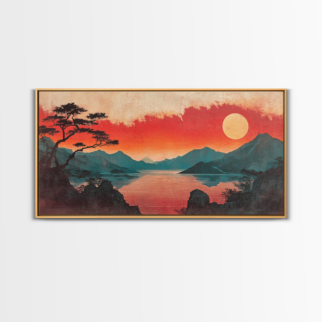 Crimson Sunset Mountain Lake Canvas Print, Japanese Landscape Wall Art, Red Sky Decor, Panoramic Living Room Decor, Home Decor