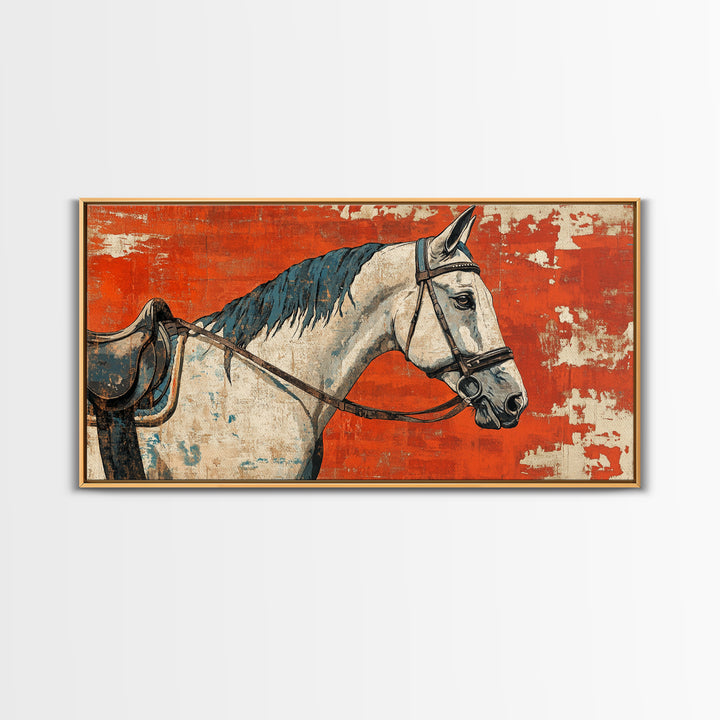 White Horse Portrait On Orange Rustic Wall Art, Western Equestrian Canvas Print, Farmhouse Decor, Horse Lover Gift For Her