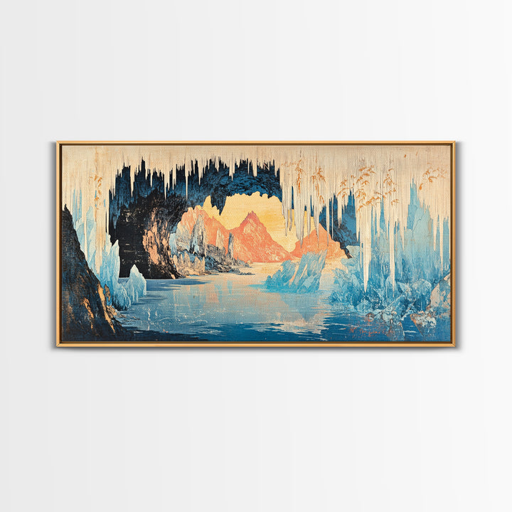 Glowing Ice Cave With Frozen Lake Wall Art, Arctic Landscape Canvas Print, Blue Mountain Decor, Fantasy Nature Art Gift Idea