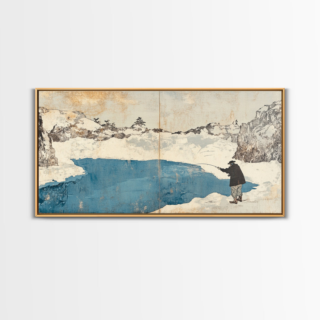 Lone Traveler Beside Snowy Blue Lake Wall Art, Japanese Landscape Canvas Print, Minimalist Winter Decor, Zen Home Decor Gift