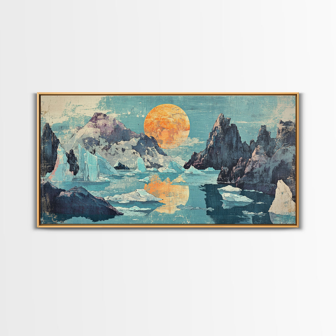 Orange Sun Over Icy Mountain Lake Wall Art, Abstract Landscape Canvas Print, Japandi Coastal Decor, Large Living Room Art