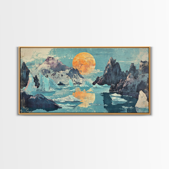Orange Sun Over Icy Mountain Lake Wall Art, Abstract Landscape Canvas Print, Japandi Coastal Decor, Large Living Room Art