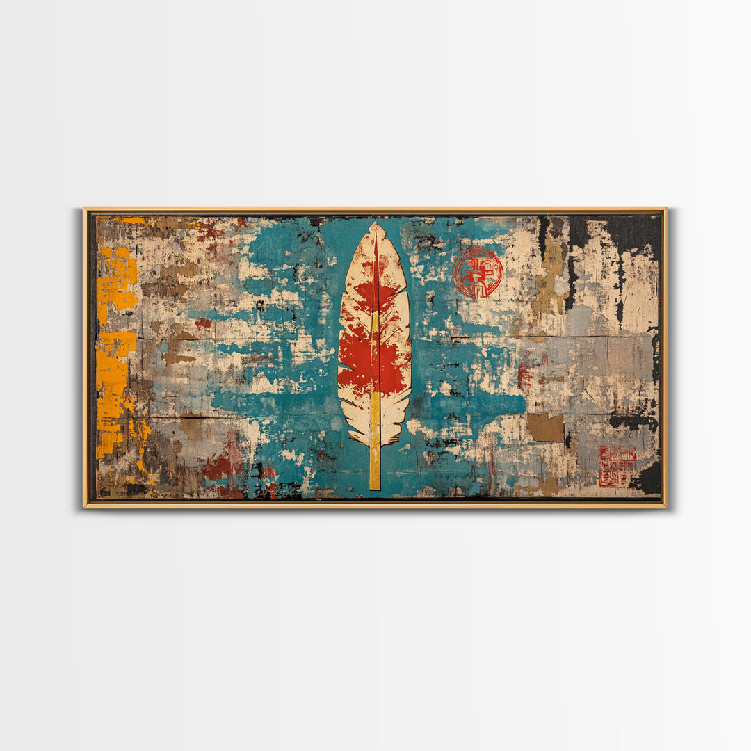 Red Feather On Turquoise Distressed Wall Art, Tribal Boho Canvas Print, Rustic Southwestern Decor, Unique Wall Decor Gift