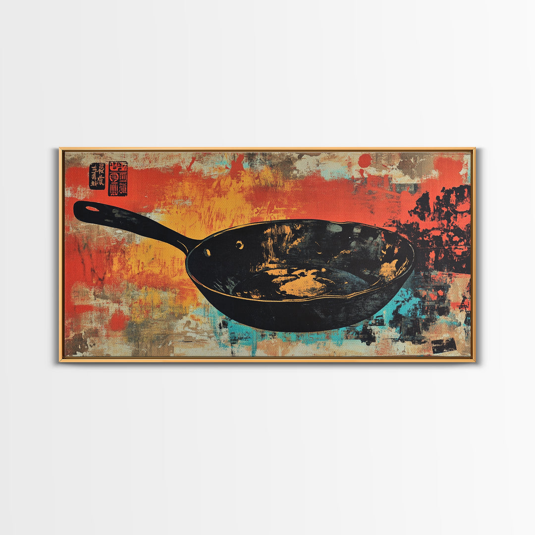 Black Wok Pan On Red Teal Background Wall Art, Kitchen Canvas Print, Rustic Food Decor, Dining Room Wall Decor Gift For Chef