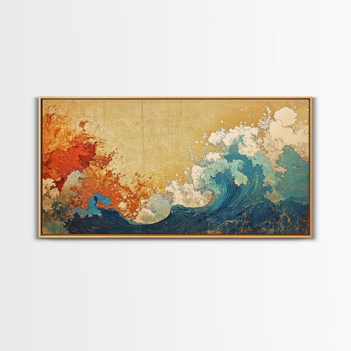 Fiery Orange And Blue Japanese Wave Canvas Print, Ocean Wall Art, Abstract Seascape For Coastal Home Decor And Living Room Decor