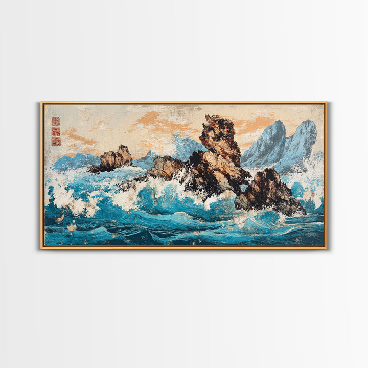 Rocky Blue Ocean Cliffs In Japanese Style Framed Canvas Print, Seascape Wall Art For Coastal Decor And Nautical Home Decor