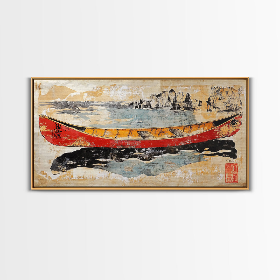 Red And Yellow Canoe On Rugged Shore Framed Canvas Print, Nautical Wall Art For Lake House Decor And Coastal Home Decor Art