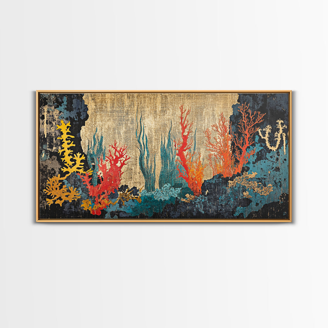 Vibrant Coral Reef Underwater Scene Framed Canvas Print, Ocean Wall Art For Coastal Decor, Marine Life And Beach House Decor