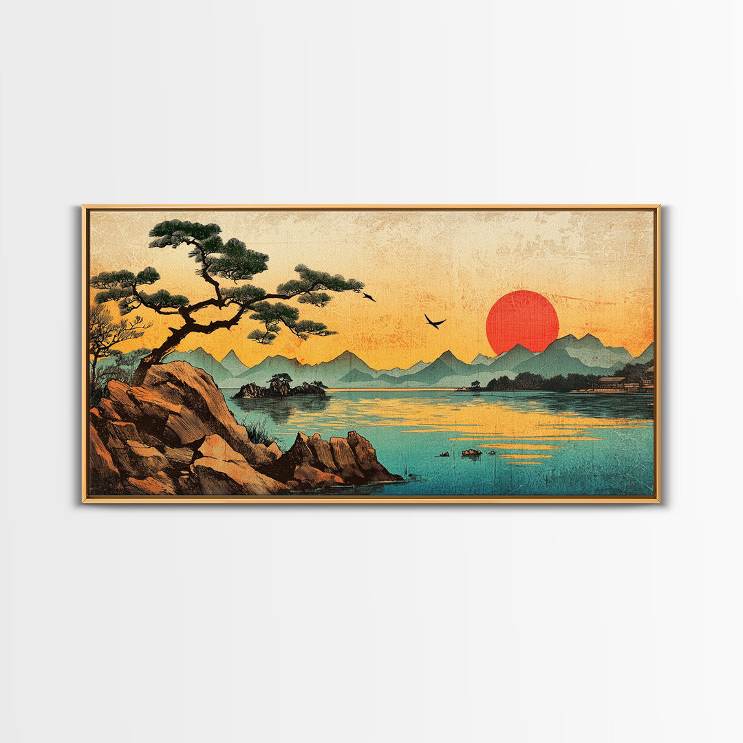Pine Tree Sunset Over Mountain Lake Wall Art, Japanese Landscape Canvas Print For Zen Decor And Coastal Living Room Decor