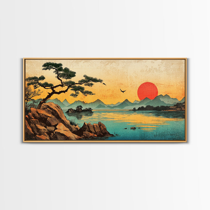 Pine Tree Sunset Over Mountain Lake Wall Art, Japanese Landscape Canvas Print For Zen Decor And Coastal Living Room Decor
