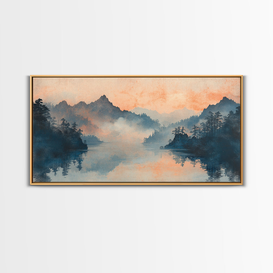 Misty Mountain Lake Sunrise Wall Art, Japanese Landscape Art Print, Serene Nature Decor, Large Horizontal Living Room Decor
