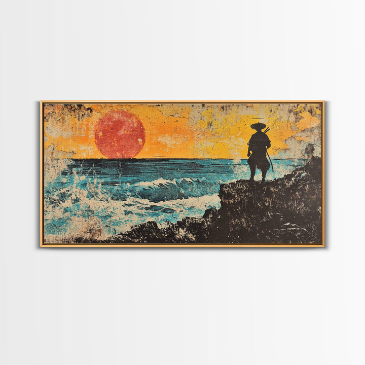 Samurai Ocean Sunset Framed Canvas Print, Japanese Warrior Wall Art, Coastal Seascape Decor, Bold Gift For Him, Man Cave Decor