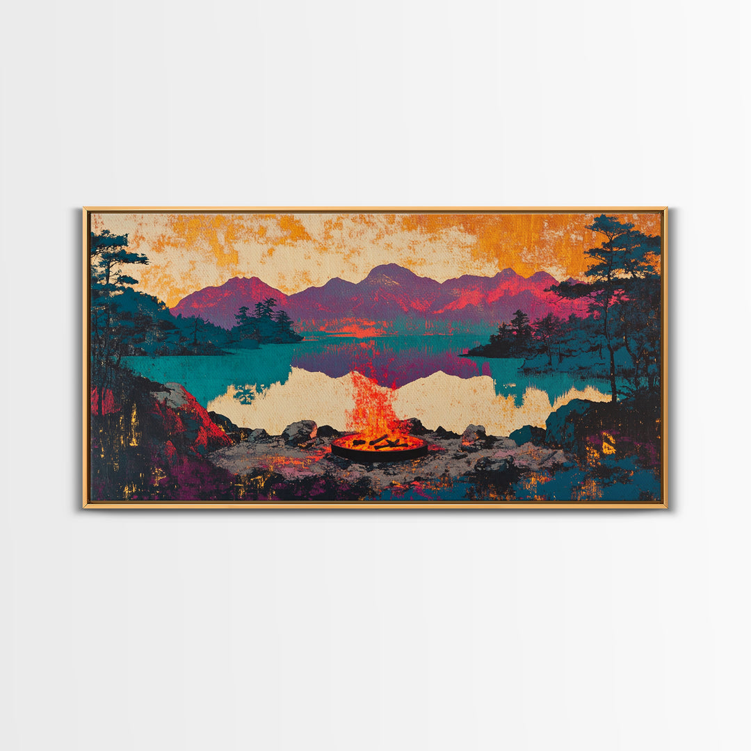 Campfire Mountain Lake Canvas Print, Rustic Cabin Wall Art, Moody Landscape Decor, Camping Gift For Him, Living Room Art