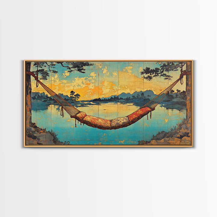 Lakeside Hammock Sunset Wall Art, Cozy Cabin Landscape Print, Relaxing Nature Decor, Large Horizontal Canvas Print, Lake House Decor