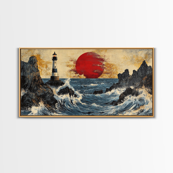 Rocky Lighthouse Sunset With Dramatic Waves Wall Art, Coastal Seascape, Nautical Decor, Large Framed Canvas Print For Living Room