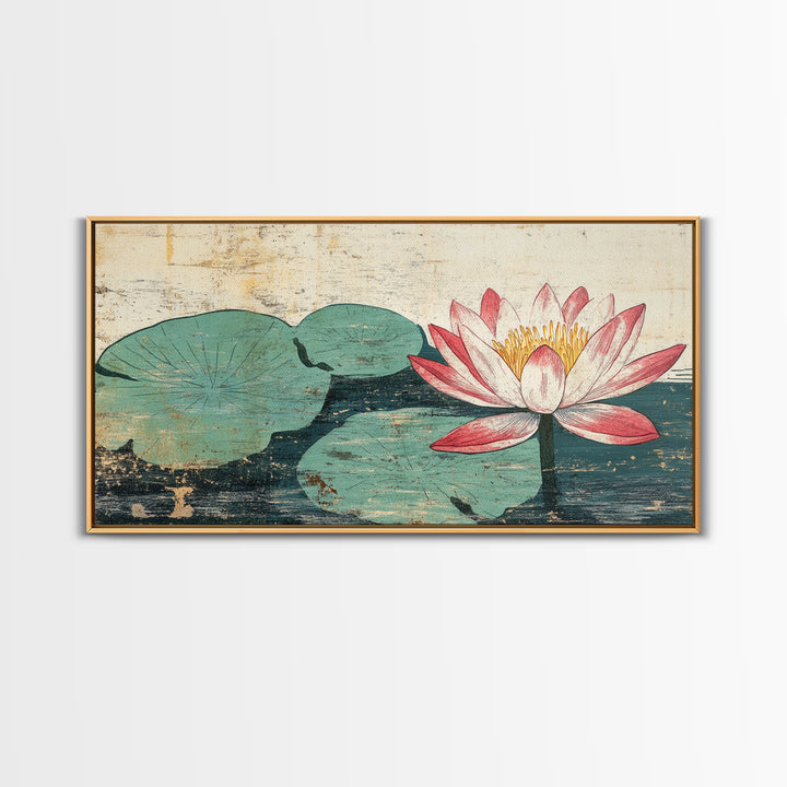 Pink Lotus Blossom And Lily Pads Canvas Print, Zen Wall Art, Botanical Wall Decor, Japandi Bathroom Art, Spa Decor Print