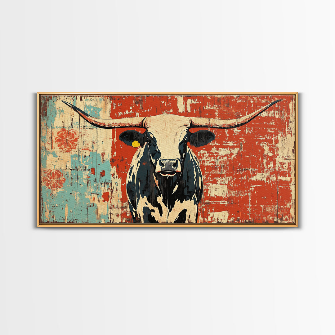 Black And White Longhorn Cow Framed Canvas Print, Rustic Western Wall Art, Farmhouse Ranch Decor, Cowgirl Home Decor Gift