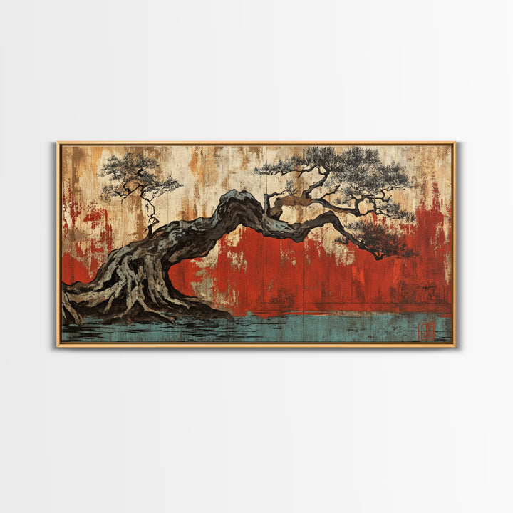 Twisted Bonsai Tree Framed Canvas Print, Japanese Wabi Sabi Wall Art, Rustic Nature Decor, Zen Living Room Statement Art