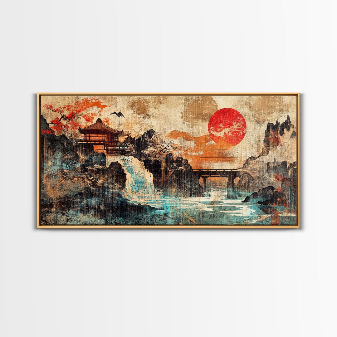 Red Sun Temple Waterfall Over Mountain Lake Wall Art, Japanese Landscape Canvas Print, Asian Zen Decor, Large Living Room Art