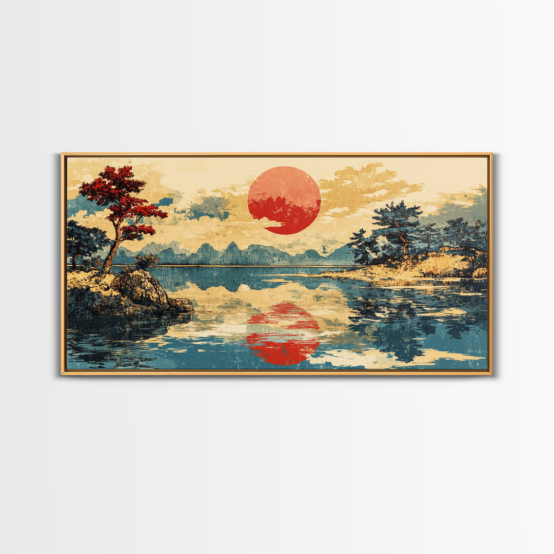 Red Sun Reflected On Serene Mountain Lake Wall Art, Japanese Landscape Canvas Print, Coastal Zen Decor, Large Living Room Art