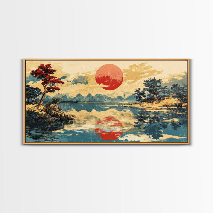 Red Sun Reflected On Serene Mountain Lake Wall Art, Japanese Landscape Canvas Print, Coastal Zen Decor, Large Living Room Art