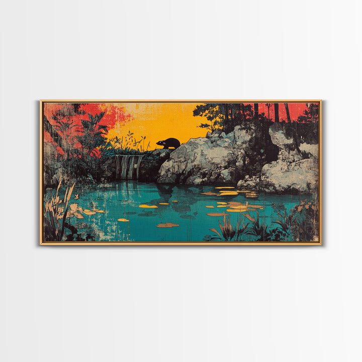 Turquoise Jungle Waterfall At Sunset Wall Art, Tropical Landscape Canvas Print, Nature Decor, Large Horizontal Living Room Art