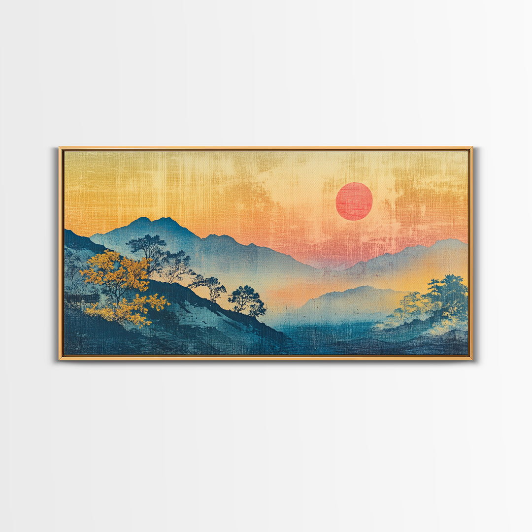 Misty Blue Mountains With Pink Sun Wall Art, Japanese Landscape Canvas Print, Minimalist Nature Decor, Large Bedroom Art