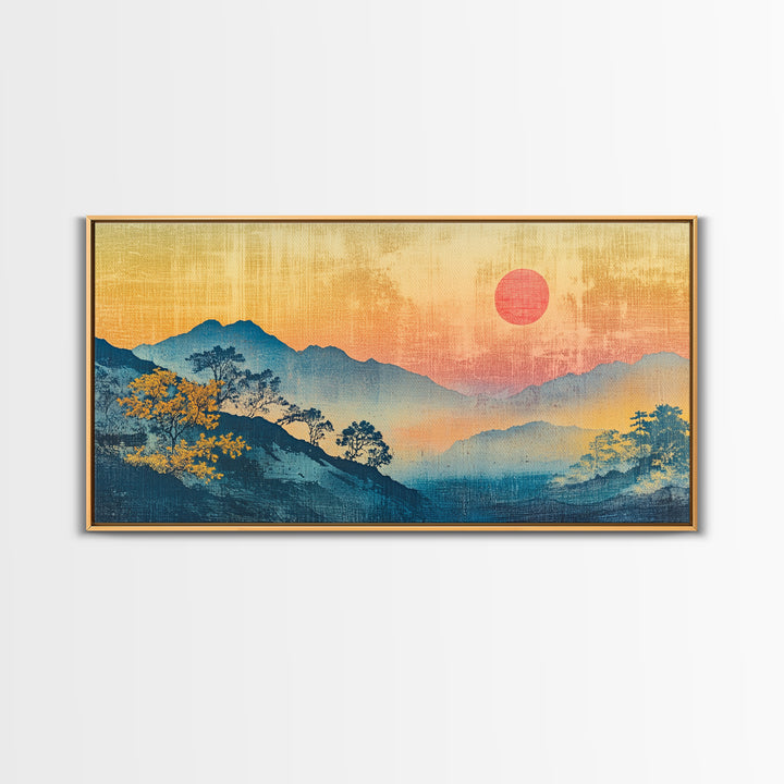Misty Blue Mountains With Pink Sun Wall Art, Japanese Landscape Canvas Print, Minimalist Nature Decor, Large Bedroom Art