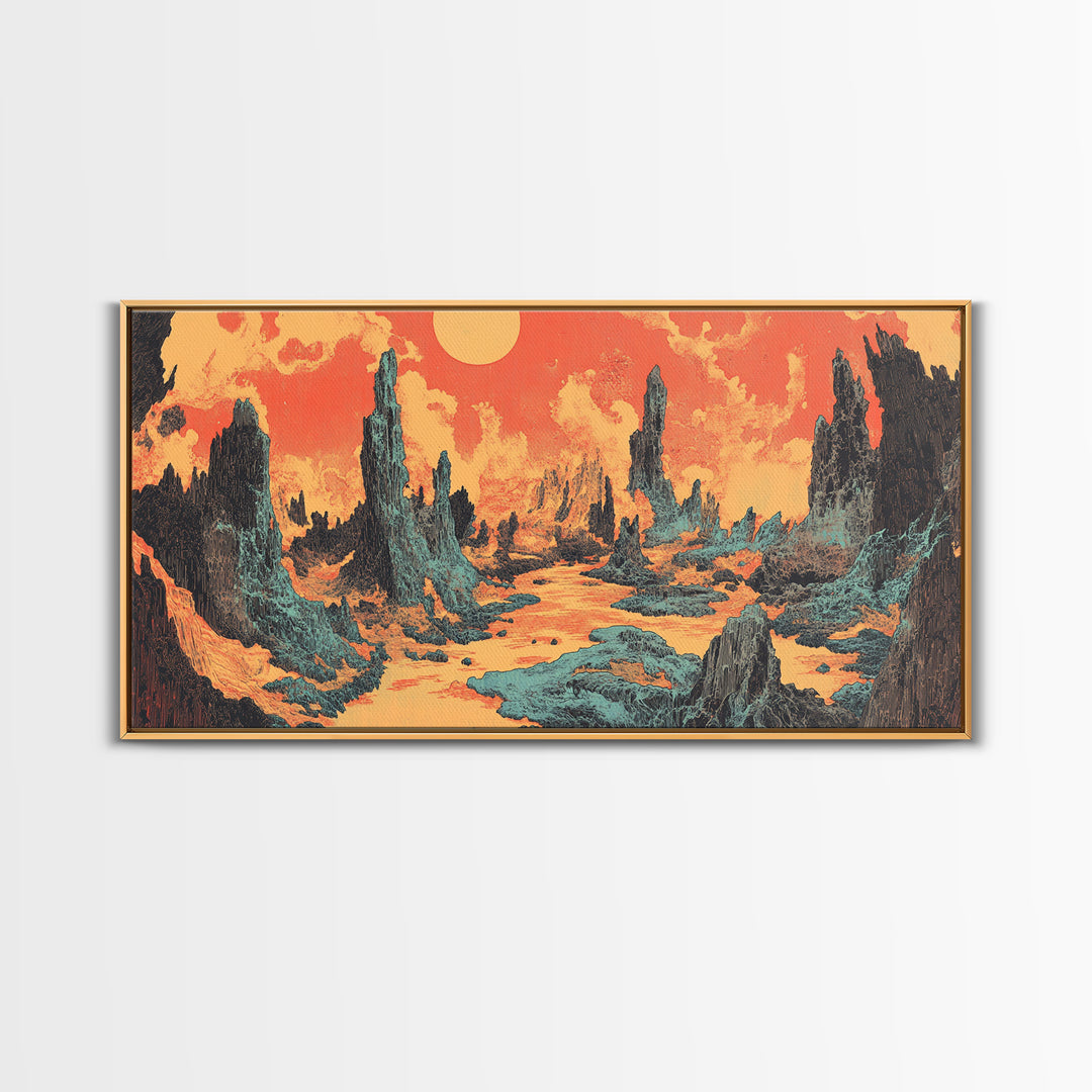 Alien Desert Spires Surreal Landscape Canvas Print, Sci Fi Wall Art, Retro Futuristic Decor, Gaming Room Poster Gift For Him