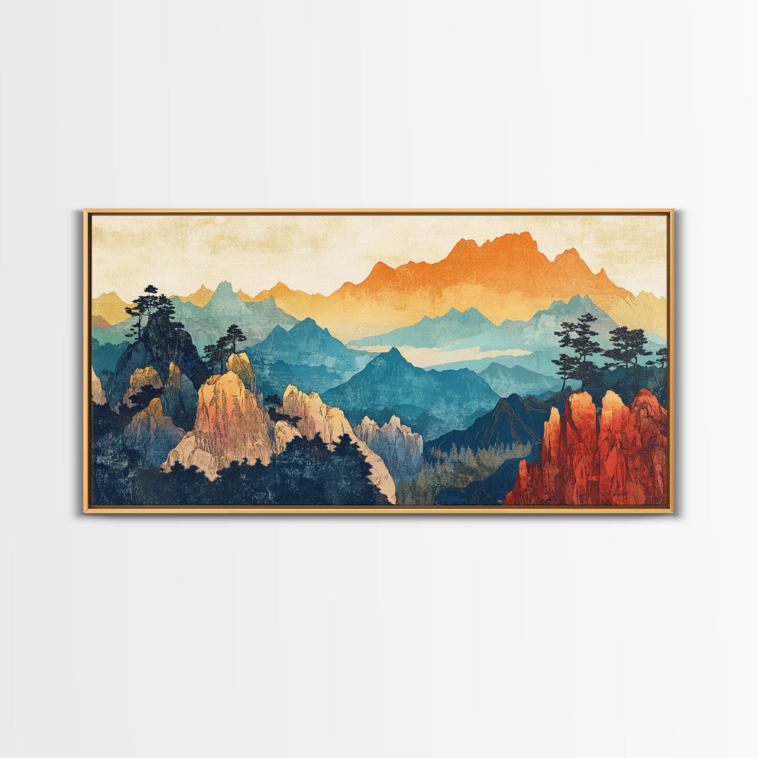 Layered Mountain Peaks Landscape Wall Art, Southwestern Nature Canvas Print, Boho Cabin Decor, Large Living Room Gift For Him