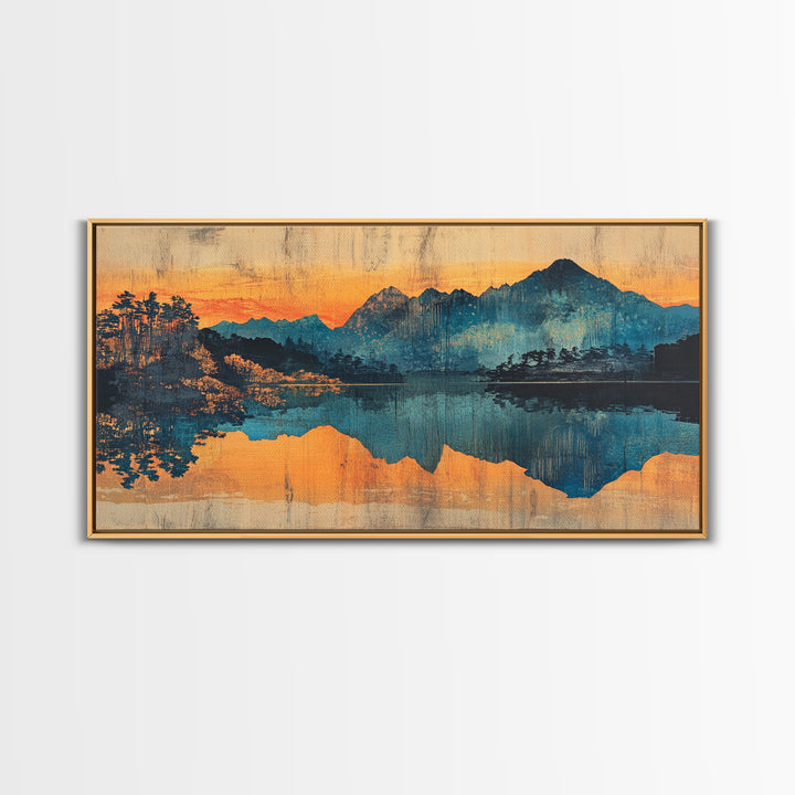 Moody Mountain Lake Reflection Wall Art, Blue Orange Landscape Canvas Print, Rustic Cabin Decor, Large Living Room Art Gift