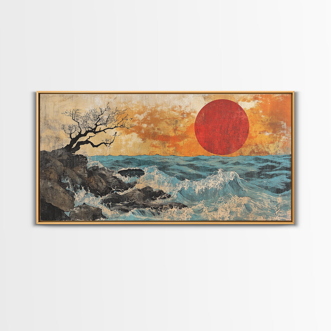 Rocky Ocean Red Sun Seascape Wall Art, Coastal Canvas Print, Japanese Style Wave Decor, Beach House Living Room Housewarming Gift
