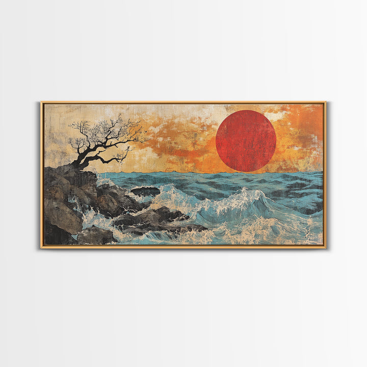 Rocky Ocean Red Sun Seascape Wall Art, Coastal Canvas Print, Japanese Style Wave Decor, Beach House Living Room Housewarming Gift