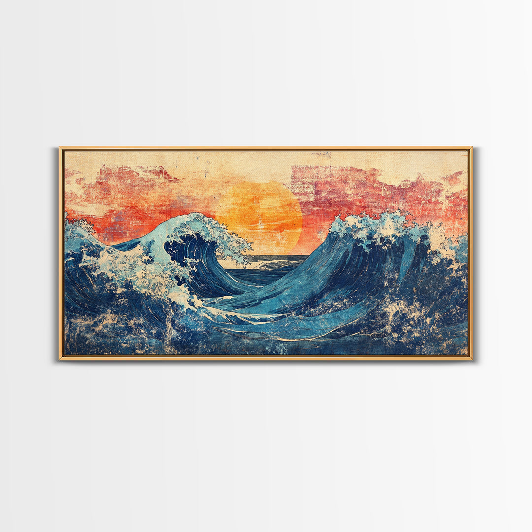 Sunset Ocean Waves, Japanese Seascape Canvas Print, Coastal Wall Art, Nautical Decor, Beach House Living Room Print, Housewarming Gift