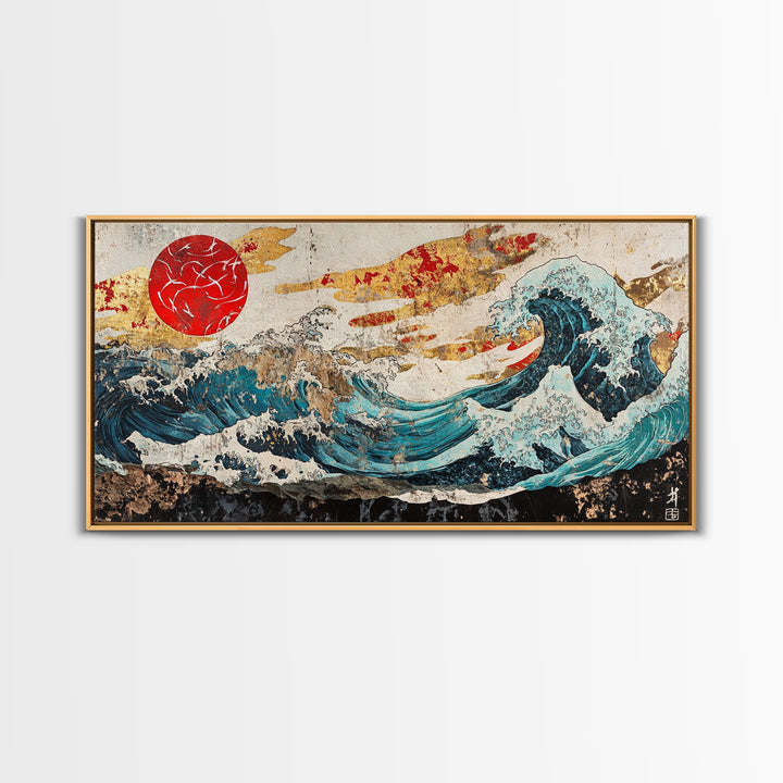 Red Sun Great Wave, Japanese Ocean Framed Canvas Print, Ukiyo E Wall Art, Coastal Decor, Large Living Room Statement Art