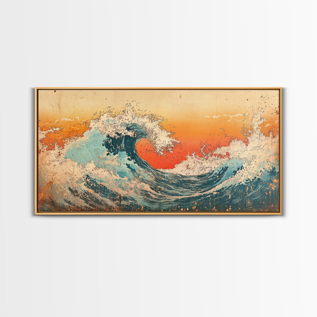 Curling Turquoise Wave, Orange Sky Canvas Print, Japanese Ocean Wall Art, Coastal Bathroom Decor, Beach House Gift, Living Room Decor