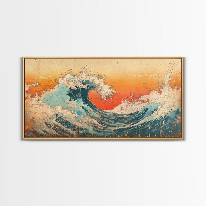 Curling Turquoise Wave, Orange Sky Canvas Print, Japanese Ocean Wall Art, Coastal Bathroom Decor, Beach House Gift, Living Room Decor